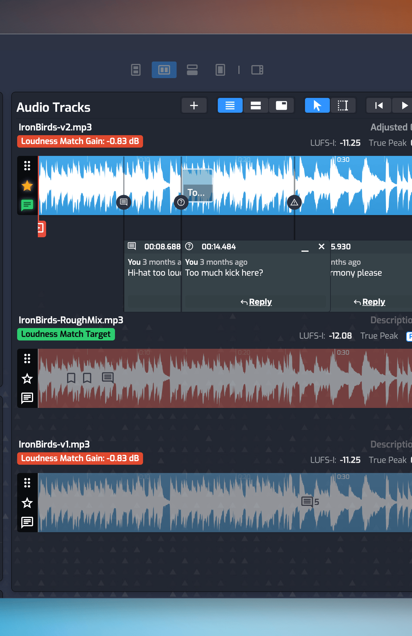 Track Project with Multiple Tracks and Loudness Matching On - Narrow
