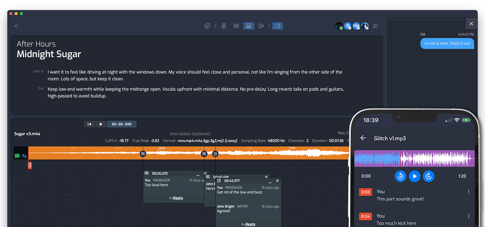 This image shows timestamped comments added on an audio track, and the same track with the same timestamped comments on a smartphone, rendered in a user-friendly way that looks like a chat conversation.