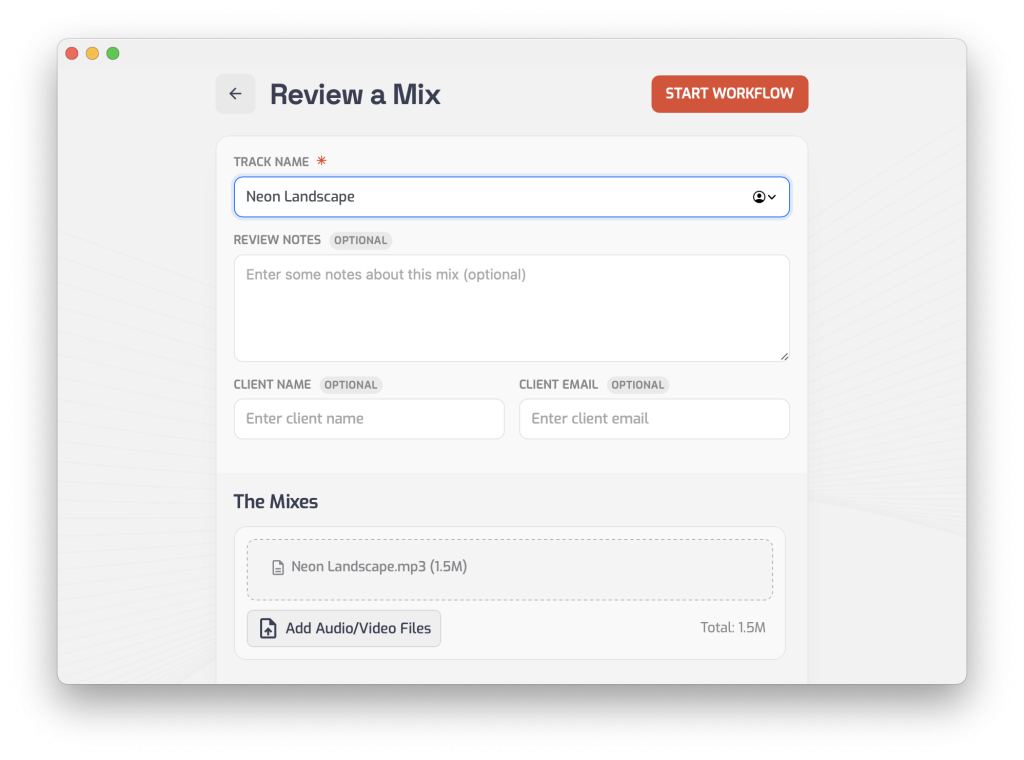 The Review-a-Mix view, which lets you put in a track title, drop in some mixes, and Opusonix will configure a track workspace to let you review your mixes. It takes less than a minute to get everything ready for review. You can also bring in a client.