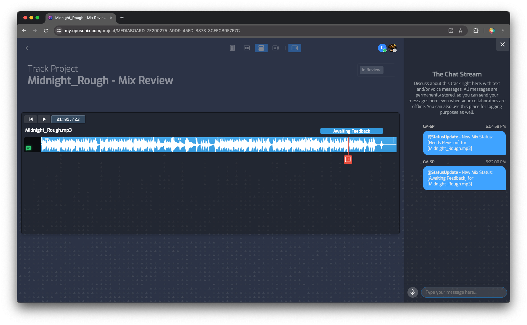 What your client sees when you only uploaded the mix (no notes or files).