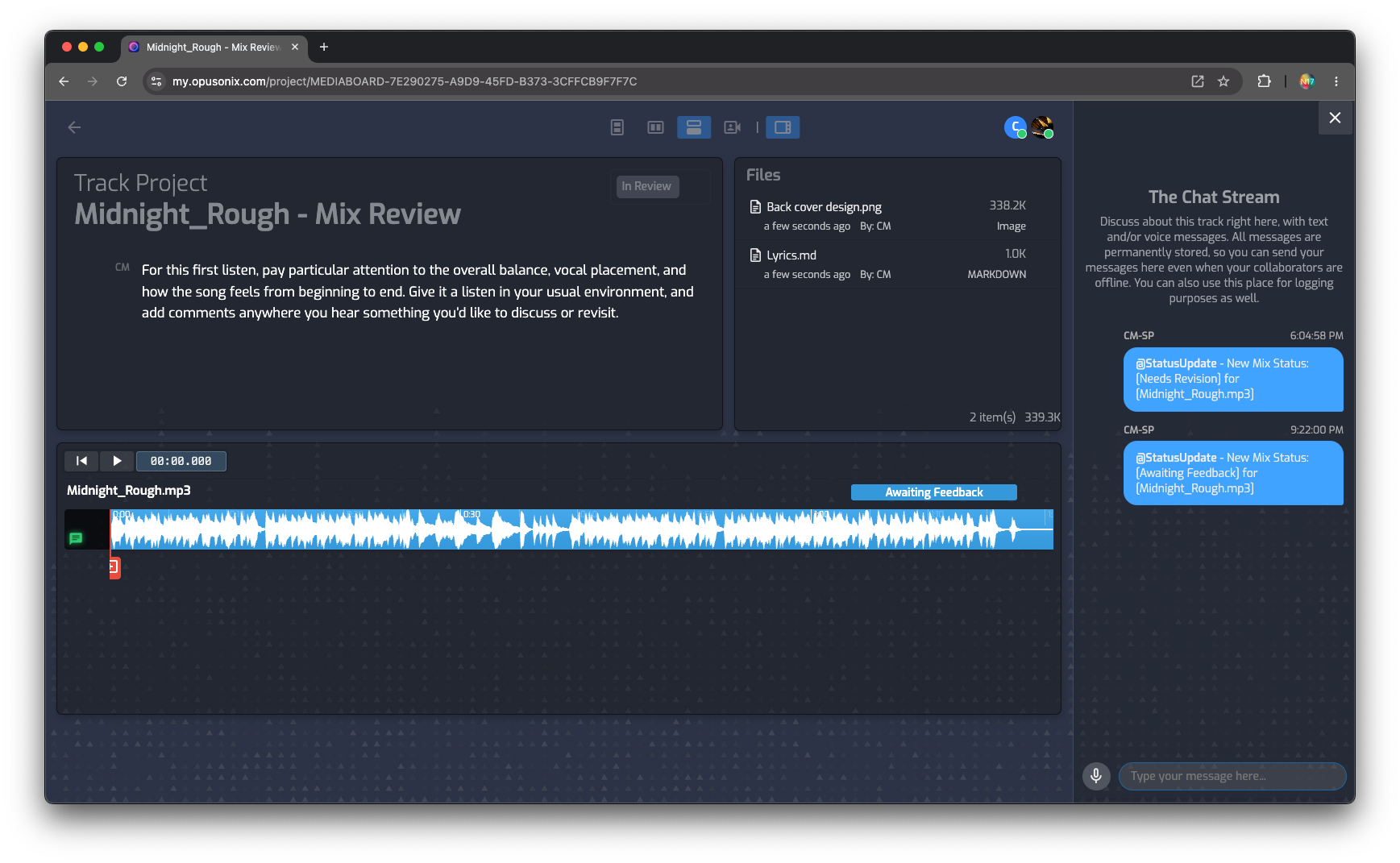 What the client sees when your project has notes, files and mixes.