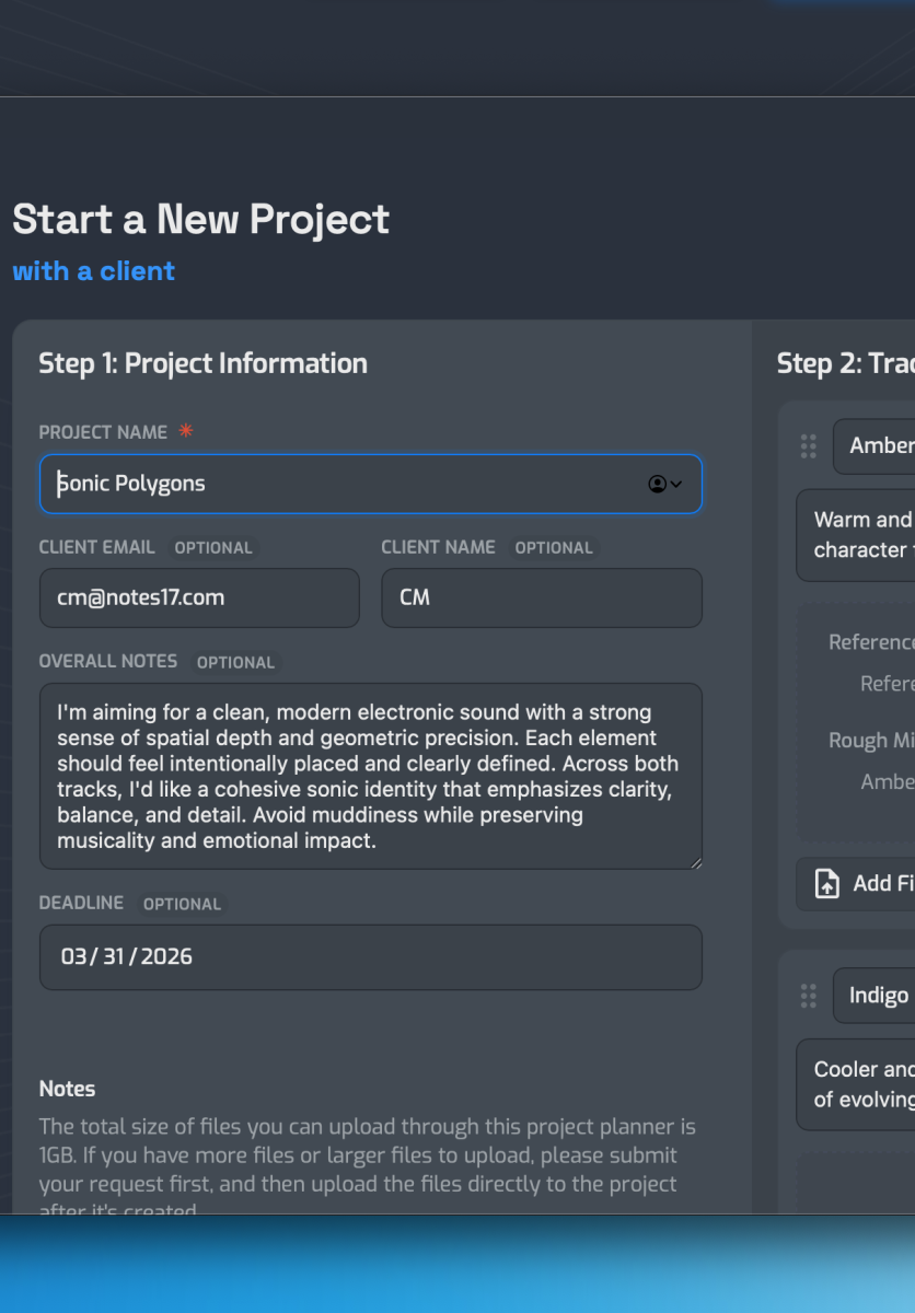 Configure projects, bring in clients and setup all tracks in one easy flow. Better yet - your clients can do this on their own too!